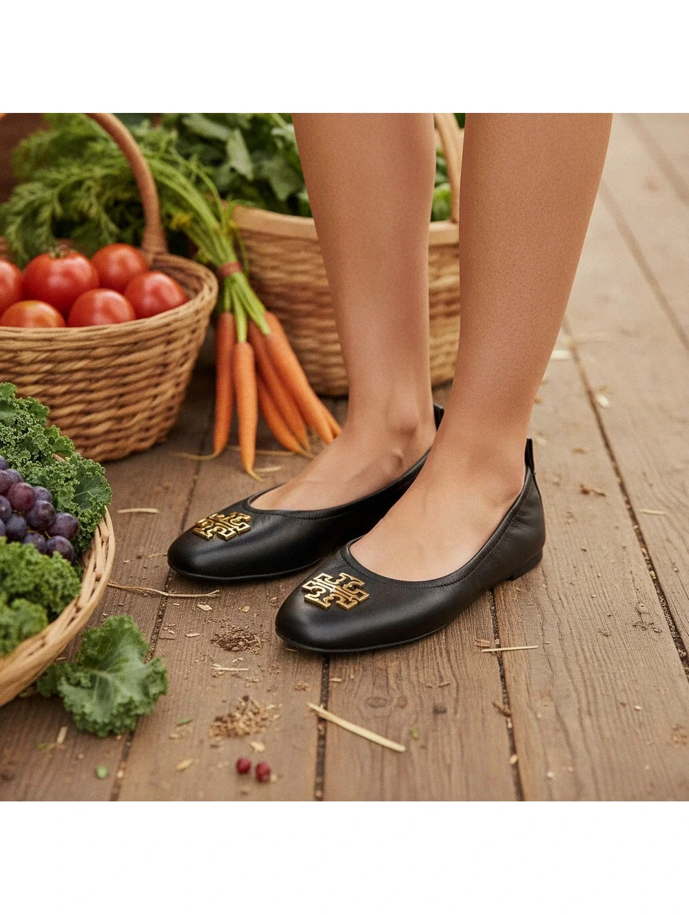 Tory Burch Britten Leather Ballet Flats Black Gold Logo 5.5M